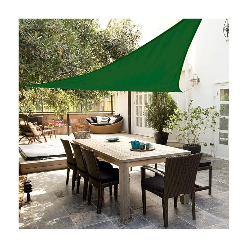 Toldo vela triangular poliéster 3,6 x 3,6 x 3,6 metros, verde 150 gr/m2 UV para jardin.