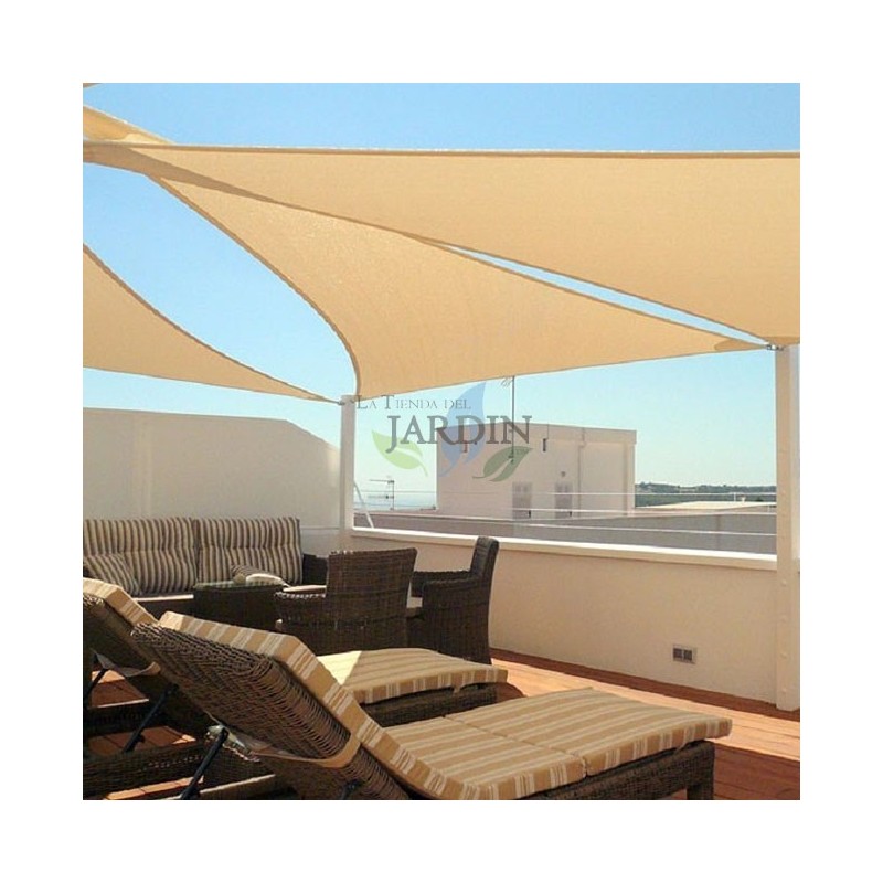 Toldo vela triangular poliéster 3,6 x 3,6 x 3,6 metros, beige 150 gr/m2 UV para jardin.