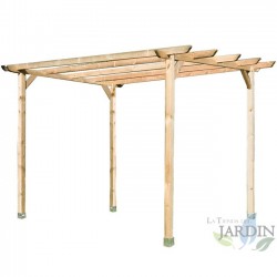 Pérgola de madeira. Dimensões: 360 x 360 x 360 cm. 4 postes (9 x 9 x 250 cm), 2 travessas (360 cm), 4 ripas (360 cm) e 4 suporte