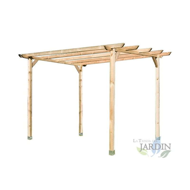 Pergola en bois. Mesures 360 x 360 x 360 cm. 4 Poteaux 9 x 9 x 250 cm, 2 traverses 360 cm, 4 Lattes 360 cm et 4 équerres.	