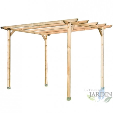 Pergola in legno. Dimensioni: 360 x 360 x 360 cm. 4 pali (9 x 9 x 250 cm), 2 travi trasversali (360 cm), 4 doghe (360 cm) e 4 st