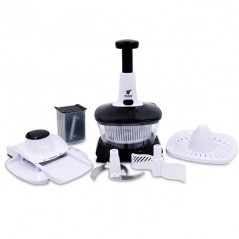 5-in-1 manual food processor. The set includes: chopper, blender, colander, juicer, and mandolin with 5 blades.