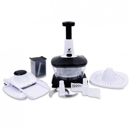 Manuelle Küchenmaschine 5-in-1. Das Set enthält: Zerkleinerer, Mixer, Sieb, Entsafter und Mandoline mit 5 Klingen.