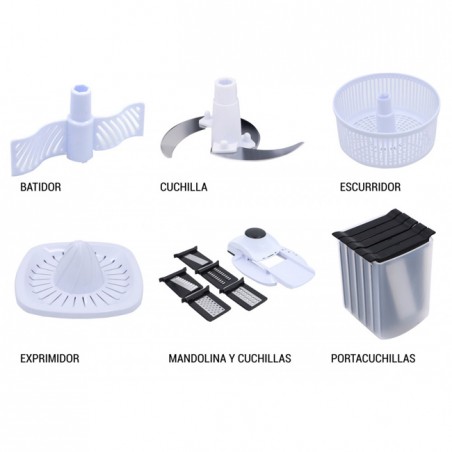 Processador de alimentos manual 5 em 1. O conjunto inclui: picador, liquidificador, peneira, espremedor de frutas e mandolim com