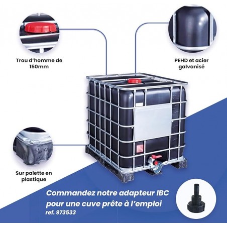 Contenitore per acqua piovana anti-UV nero - Serbatoio per acqua alimentare da 1000 litri, pallet in plastica, stoccaggio dell'a