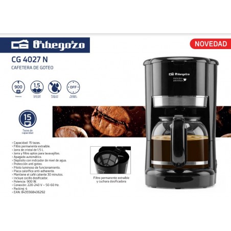 Cafetera de Goteo CG4027N Orbegozo, 15 tazas, jarra 1.5 L, Apto para Lavavajillas, Apagado automático, 900W negro