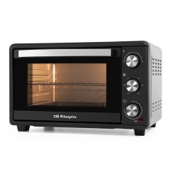 Forno elétrico de convecção Orbegozo de 25 litros e 1500 W. Seletor de temperatura: 100–230 °C. Temporizador: até 60 minutos.