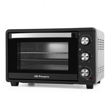Forno elétrico de convecção Orbegozo de 25 litros e 1500 W. Seletor de temperatura: 100–230 °C. Temporizador: até 60 minutos.