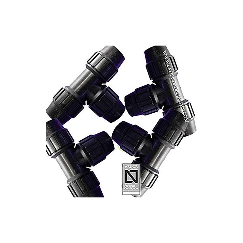 4 raccordi a T in polietilene da 20 mm. Prodotto certificato AENOR utilizzato in tubi idraulici e di irrigazione in PE da 20 mm.