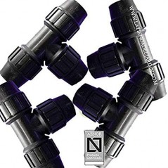 4 raccordi a T in polietilene da 32 mm. Prodotto certificato AENOR utilizzato in tubi idraulici e di irrigazione in PE da 32 mm.