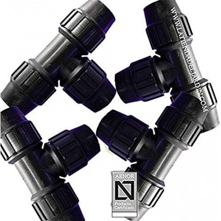 4 x 90mm Polyethylene Tees. AENOR-certified product used in 90mm PE plumbing and irrigation pipes.