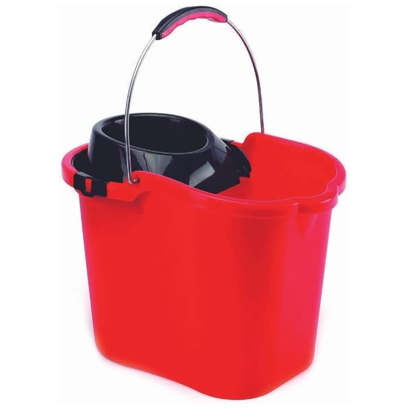 Professional Heavy Duty Oval Mop Bucket 16 Liters with Wringer and Anatomical Handle, Red
