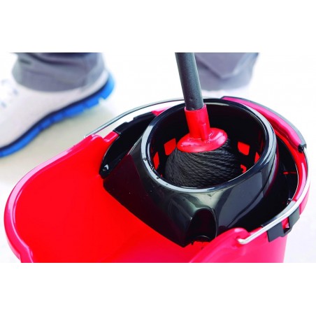 Seau à balai ovale professionnel robuste de 16 litres avec essoreuse et manche anatomique, rouge