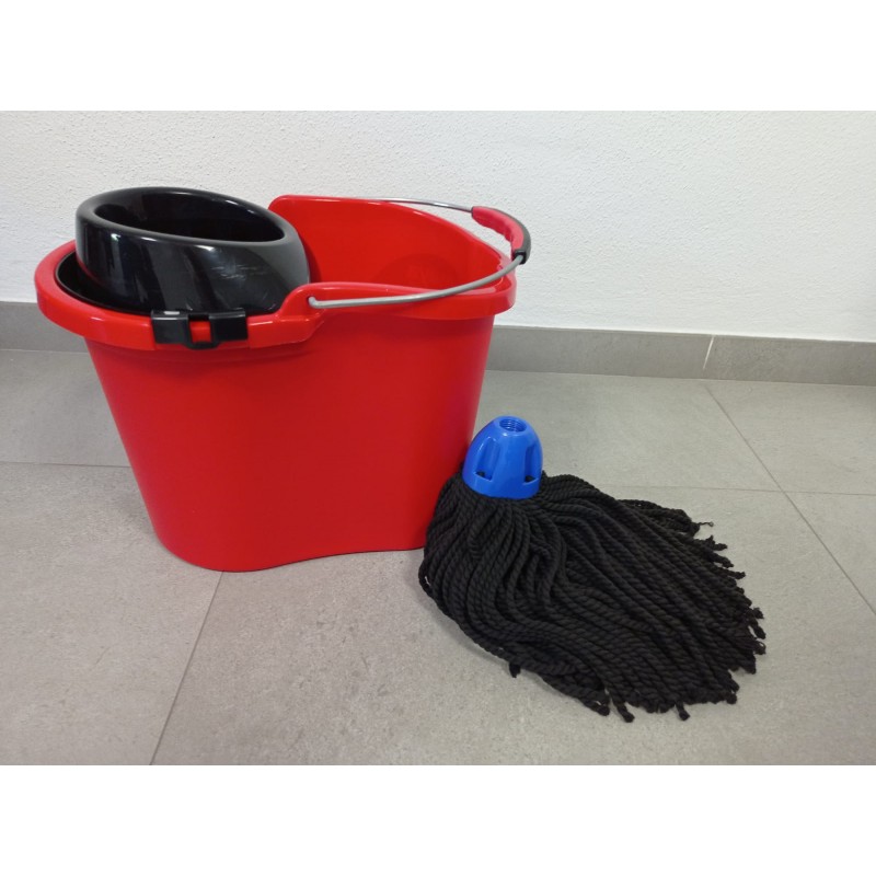 Professional Heavy Duty Oval 16L Red Mop Bucket with Wringer. Includes MAX Pro Microfiber Mop with Black Thread