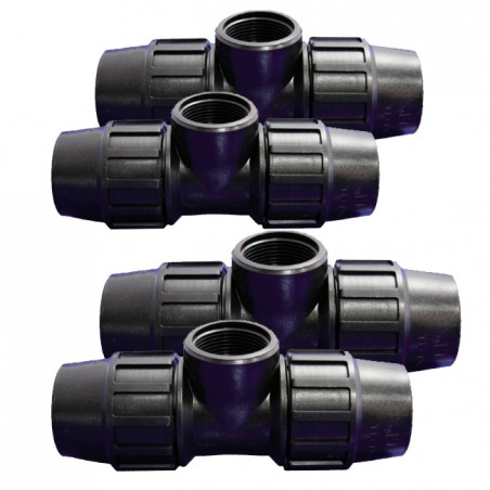 Set di 4 T Pe Polietilene 25mm x 3/4'' femmina per tubazione in polietilene 25 mm | Accessorio PE Aenor | T per irrigazio