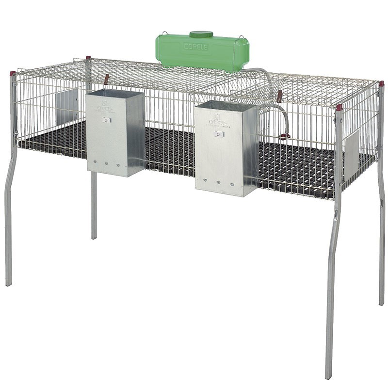 Galvanized rabbit cage with hoppers and waterers, 2 compartments, plastic floor, 157x63x98 cm Galvanized rabbit cage with hoppers and waterers, 2 compartments, plastic floor, 157x63x98 cm