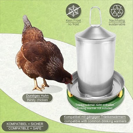 Bebedero para Gallinas Pollos 2L, acero inoxidable, sin BPA, sin bordes peligrosos, colgante, 24,5x19 cm