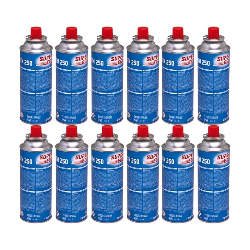 12 Cartucce di gas butano SuperEgo da 220 g per fornelli, cartuccia di gas da campeggio 250, bombole 12 Cartucce di gas butano SuperEgo da 220 g per fornelli, cartuccia di gas da campeggio 250, bombole