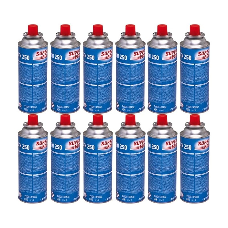 12 x Cartuchos de Gas Butano SuperEgo 220g para Hornillos Quemadores, Cartucho de Gas para Camping 250, Bombonas