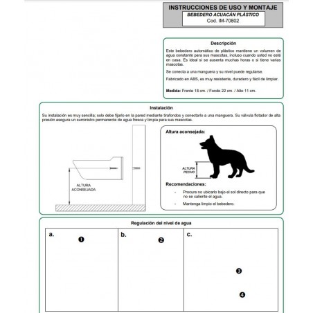 Abreuvoir automatique en plastique pour chien, 18 x 22 x 10 cm. Fixation murale. Bouchon de vidange inclus.
