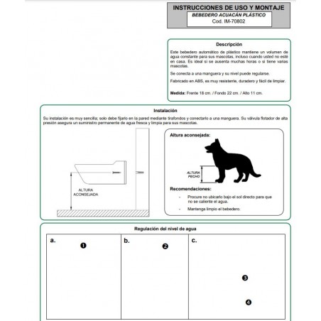 Bebedero automatico para Perros de Plástico, 18x22x10 cm. Se puede montar en la pared. Incluye tapón de vaciado
