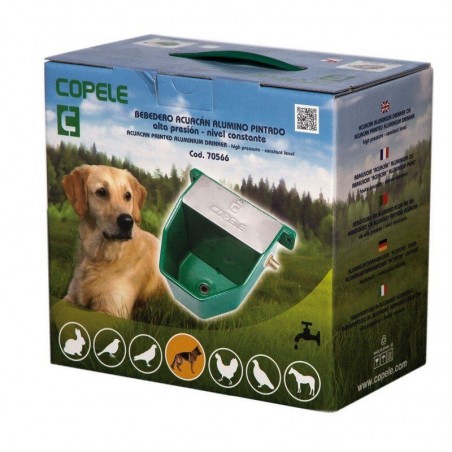 High-pressure lacquered aluminum waterer for dogs and pets, 18x22x13 cm. Can be wall-mounted.