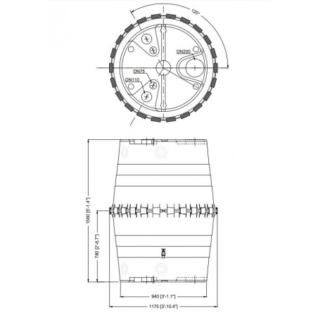 Polyethylene rainwater tank, 1300 liters, 118 x 156 cm. Suitable for underground installations.