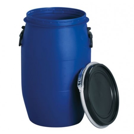 220 litre food barrel, fully opening, blue food grade polyethylene drum, 60 x 98 cm