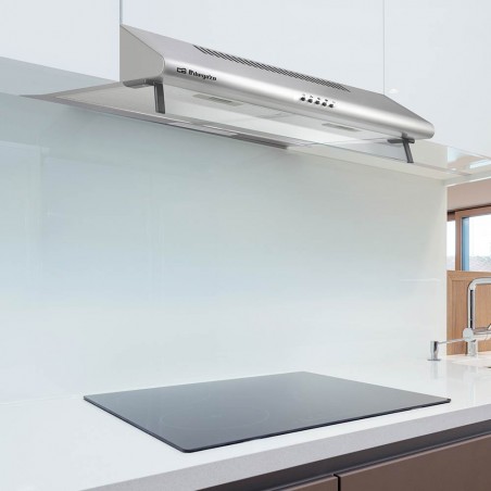 Cappa INOX Orbegozo standard.  2 motori da 80 W. 3 livelli di potenza.  Larghezza: 60 cm.