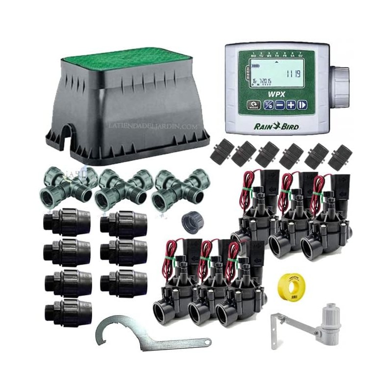 Kit di irrigazione automatica professionale Rain Bird a 6 zone da 9V per tubo da 32 mm, automazione dell'irrigazione
