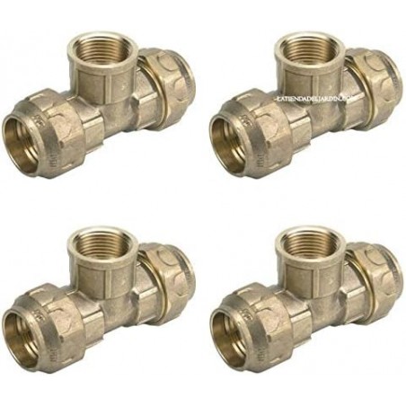 Pack 4 Te hembra Latón 20mm x 1/2'' para tubería de polietileno 20 mm | Accesorio latón | Certificado Aenor | Te rosca hembra