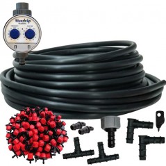 Automatic garden drip irrigation system, 100 meters. Includes 16 mm tubing, 100 drippers, timer, and installation accessories.