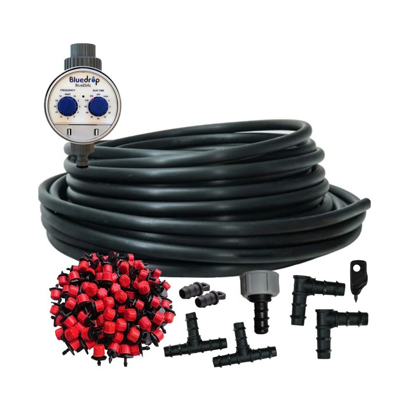 Automatisches Tropfbewässerungssystem für den Garten, 100 Meter. Inklusive 16-mm-Schlauch, 100 Tropfern, Timer und Installations