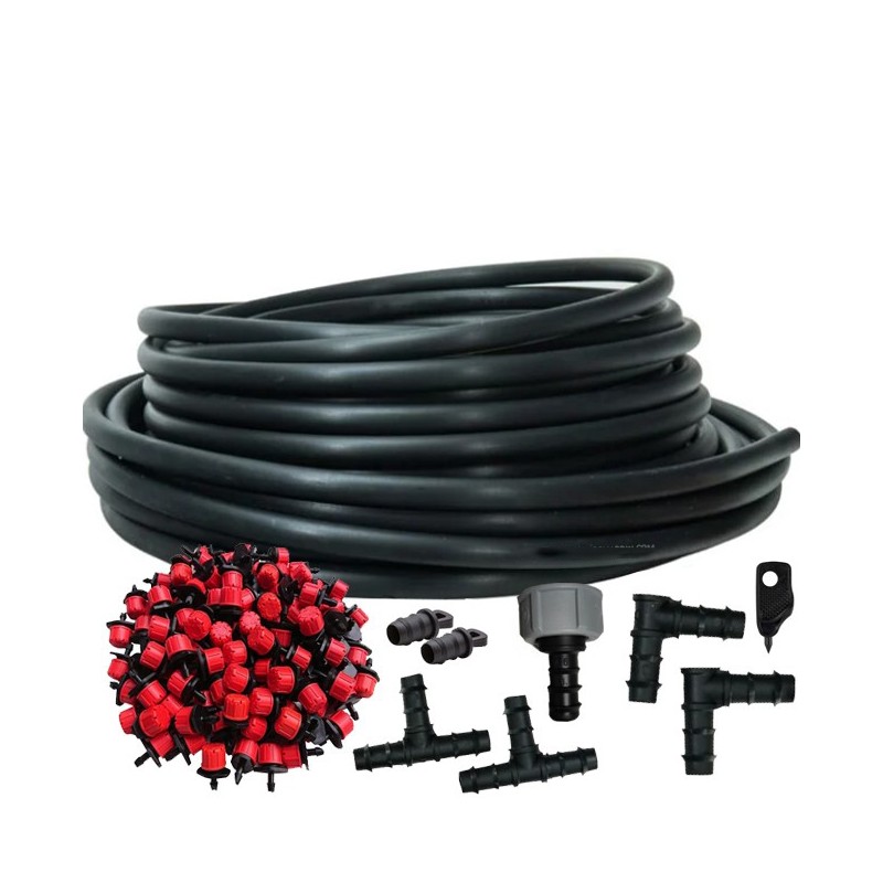 Kit goutte à goutte complet de jardin 25 m: Tuyau 16 mm + 25 goutteurs + accessoires d'installation Kit goutte à goutte complet de jardin 25 m: Tuyau 16 mm + 25 goutteurs + accessoires d'installation