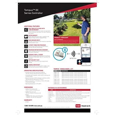 Programmateur à batterie Tempus DC Toro avec 1 zone Bluetooth et écran LCD