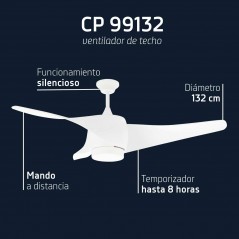 Ventilador de techo con luz LED Orbegozo CP99132, 3 palas de diseño curvo, 3 velocidades, 70 W, blanco