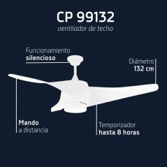 Ventilador de teto Orbegozo de 132 cm com luz LED, 3 pás curvas, 3 velocidades, 70 W, branco