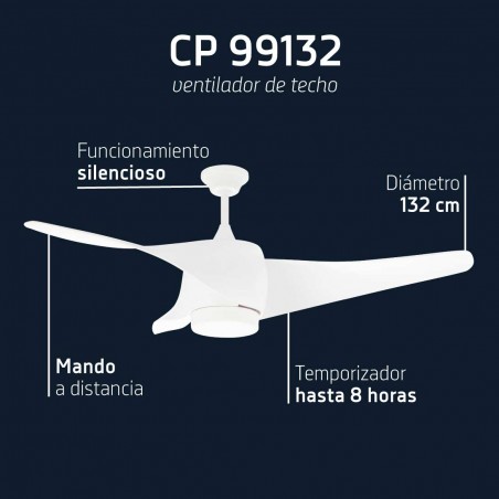 Ventilador de teto Orbegozo de 132 cm com luz LED, 3 pás curvas, 3 velocidades, 70 W, branco