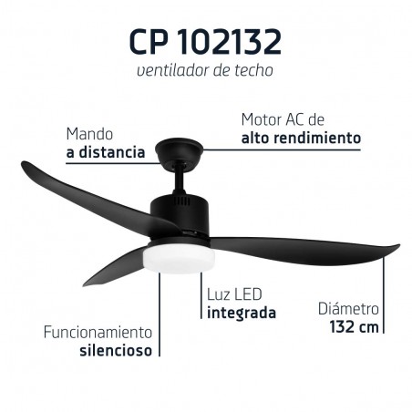 Ventilador de techo con luz LED Orbegozo CP102132, 3 velocidades, 3 aspas, negro