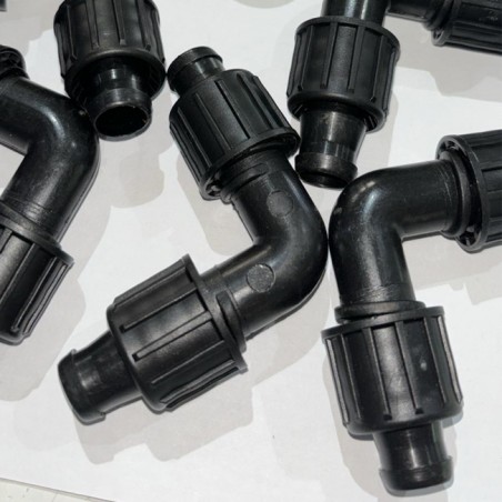 Pack of 50 16mm Drip Irrigation Tape Elbows. Elbow sleeve for connecting two drip irrigation tapes, black.