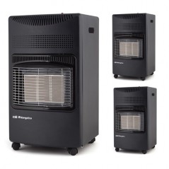 3 Stück Gas-Keramikheizung. Maximale Leistung von 4.200 W. Multidirektionale schwenkbare Räder. Maximale Verbrauch von 305 g/h.