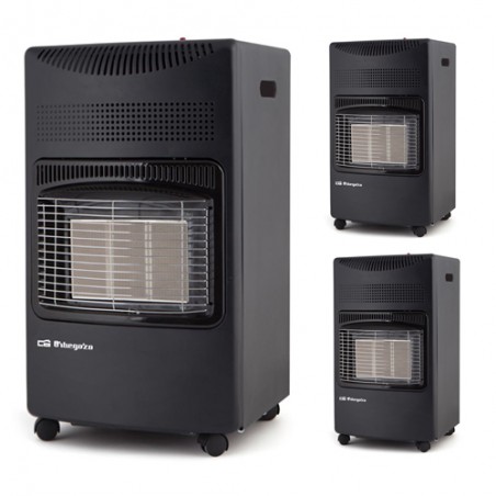 3 Stück Gas-Keramikheizung. Maximale Leistung von 4.200 W. Multidirektionale schwenkbare Räder. Maximale Verbrauch von 305 g/h.