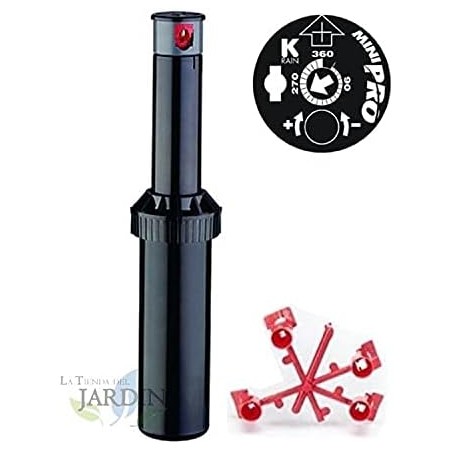 Pacote com 4 aspersores Minipro de 1/2". Alcance de 5,10 a 9,1 metros. Rosca fêmea de 1/2". Aspersor de jardim pop-up Krain.