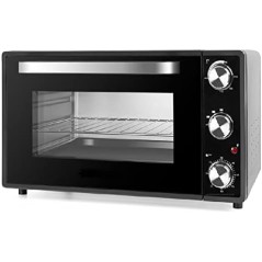 Forno elétrico de mesa Orbegozo. Capacidade de 38 litros. Potência: 2000 W. Termostato ajustável de 100 °C a 230 °C.