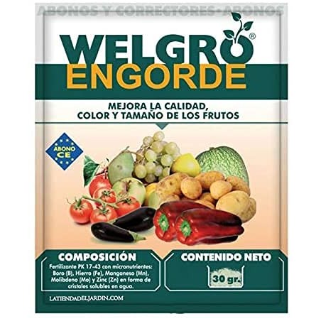 Fertilizante Welgro Engorde 30gr, Mejora Calidad, Color y Tamaño de los Frutos en Hortalizas