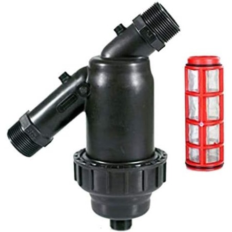 Filtro per irrigazione con maglia da 1 1/4" per tubi da 40 mm. Tappo di scarico incluso. Utilizzato negli impianti di irrigazion