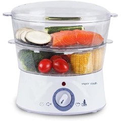 Cuiseur vapeur avec 2 récipients et un récipient spécial riz. Capacité de 5 litres. Puissance de 400W.