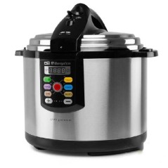Orbegozo programmable electric pressure cooker. 6-liter capacity. 24-hour start timer. Ultra-fast cooking.