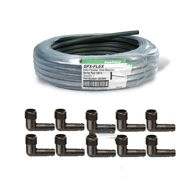 Tuyau Rain Bird SPX-Flex de 30 mètres pour installation d'arroseurs + 10 coudes de nivellement pour arroseurs 16 mm x 1/2''