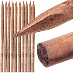 Lot de 10 Tuteur en bois 200 cm Ø 5 cm | Tuteurs avec Pointe | Poteaux en Bois | Piquets de Fixation | Piquets de Jardin